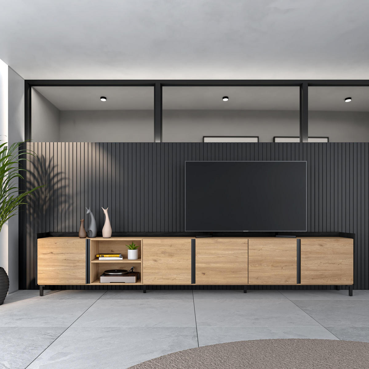 LOWBOARD, Eiche und Schwarz, 309/35/61cm, mit Beinen - Eichefarben, Holzwerkstoff (309/61/35cm) - Skraut Home