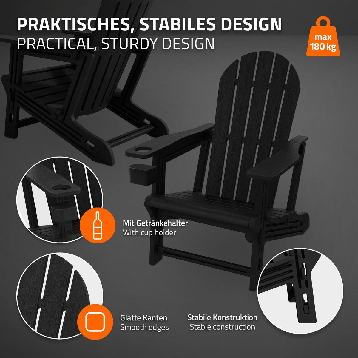 ADIRONDACK LEŽÁK s držákem na nápoje, černý, z plastu - černá, plast (54.5/91/76cm) - ML-DESIGN