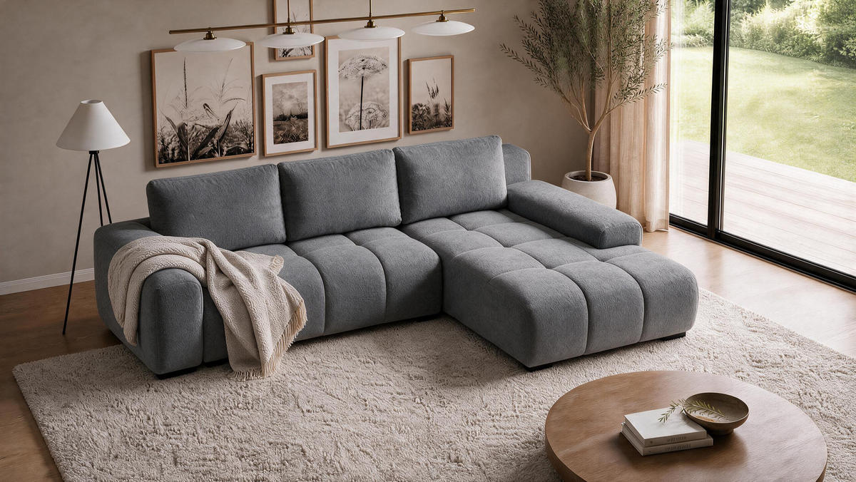 ECKSOFA Ovia mit Bettkasten und Schlaffunktion, Bouclé-Stoff in L-Form - Dunkelgrau, Textil (270/185cm)