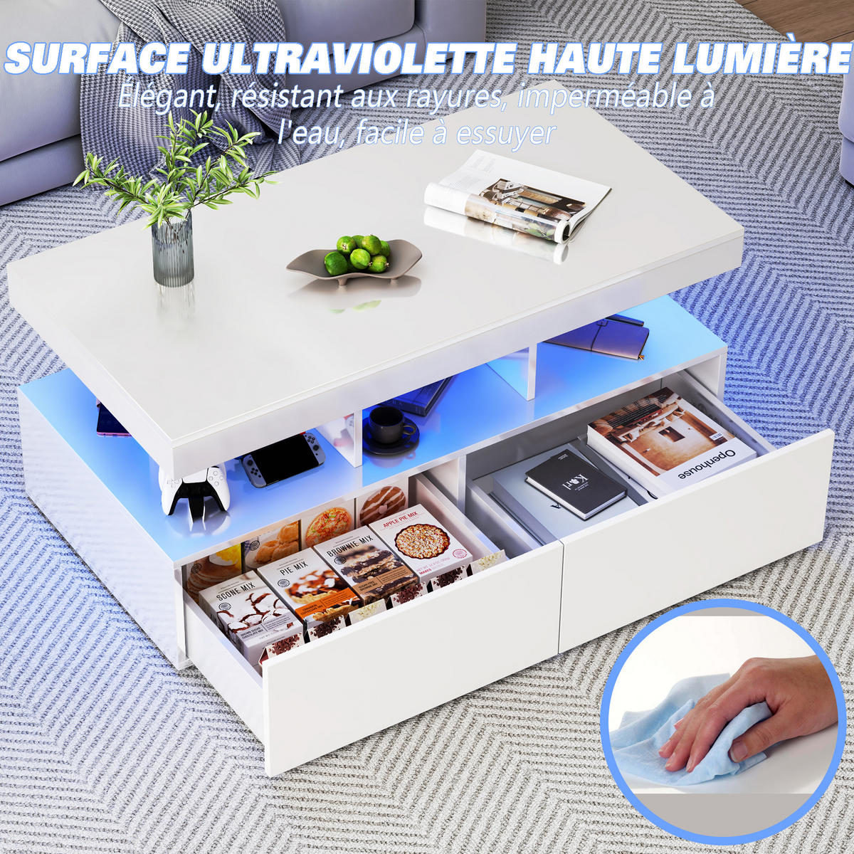 COUCHTISCH 2 Schubladen LED Stauraum modern weiß - Weiß, Holz (53/104/46cm) - LEBENLANG