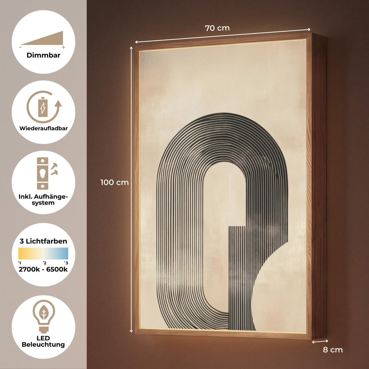 NÁSTĚNNÁ LAMPA S AKUMULÁTOREM Luk - Pruhy - Minimalistický - Černý 70x100 cm - béžová, kompozitní dřevo (70/100/8cm) - OnlyWow