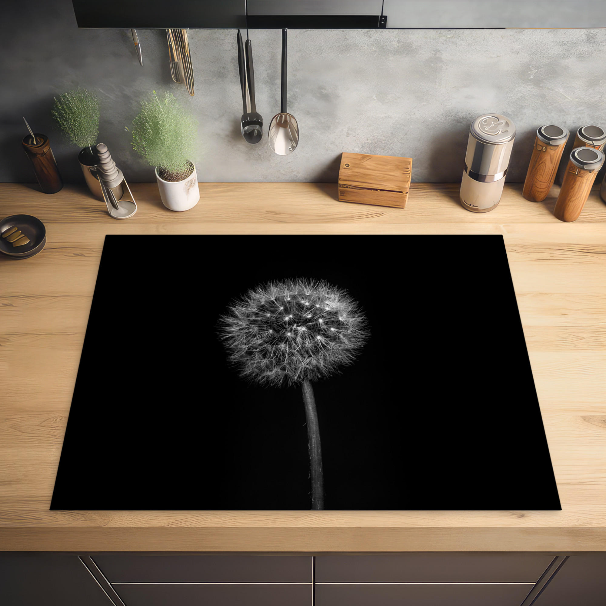 HERDABDECKPLATTE Löwenzahn - Schwarz - Floral - Botanisch 77x59 cm - Grau, Kunststoff (77/0.2/59cm) - MuchoWow
