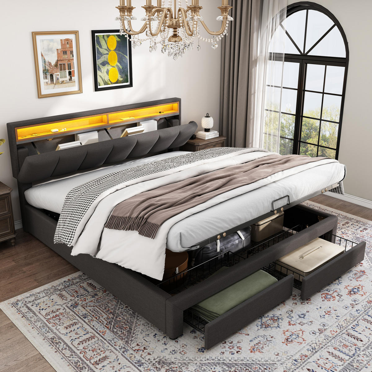 POLSTERBETT 160x200 cm Grau Leinen LED 2 Schubladen - Grau, Holz (160/200cm) - SHOPENTRA