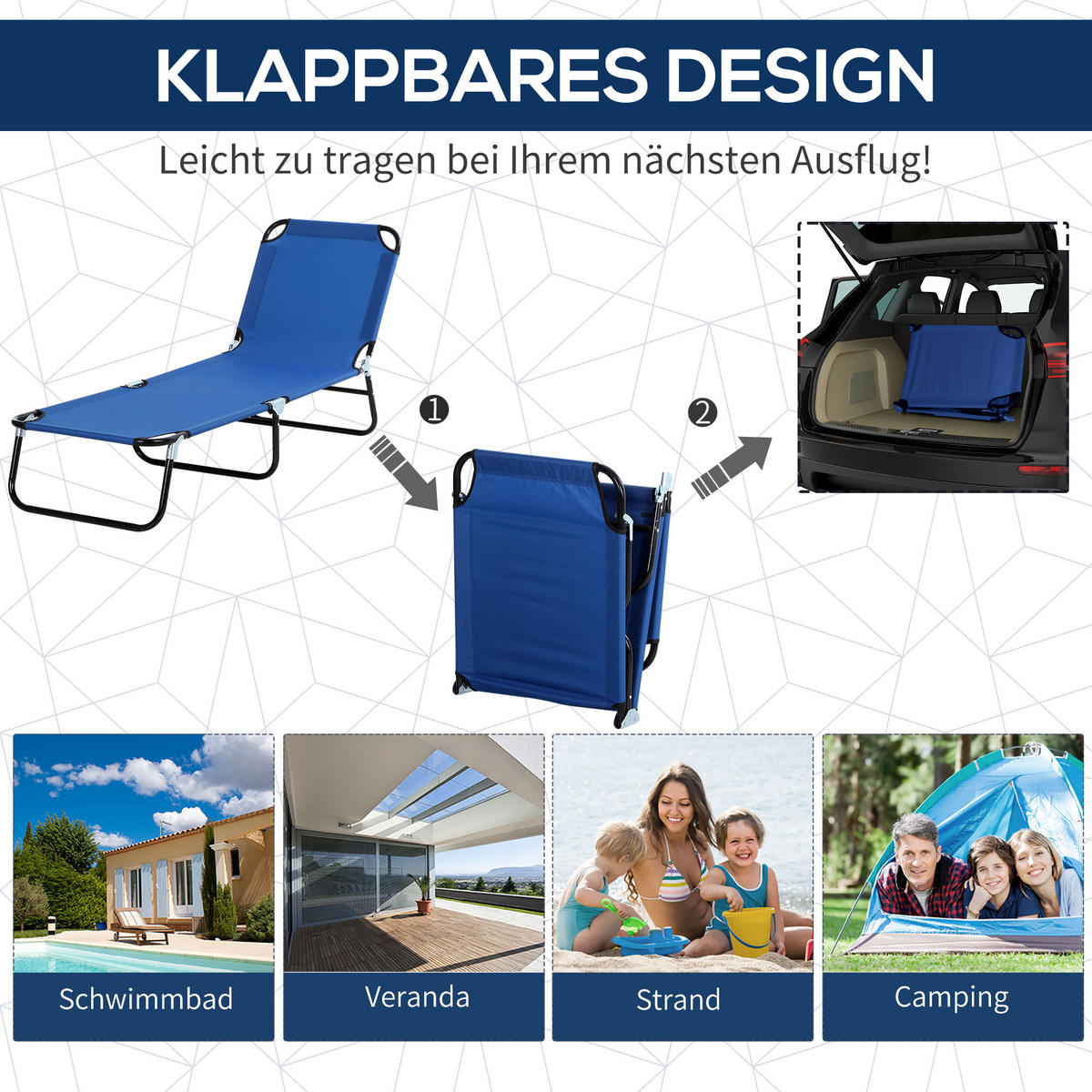 SONNENLIEGE mit Sonnenschutz, Blau - Blau, Textil/Metall (58/27/187cm) - Outsunny