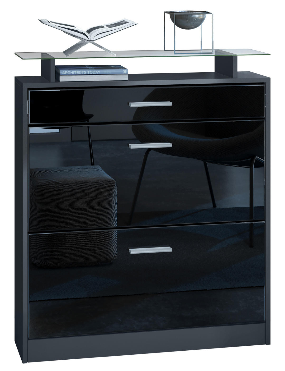 SCHUHSCHRANK Loret Fronten in Schwarz Hochglanz - Schwarz Hochglanz, Holzwerkstoff (89/104/23cm) - Vladon