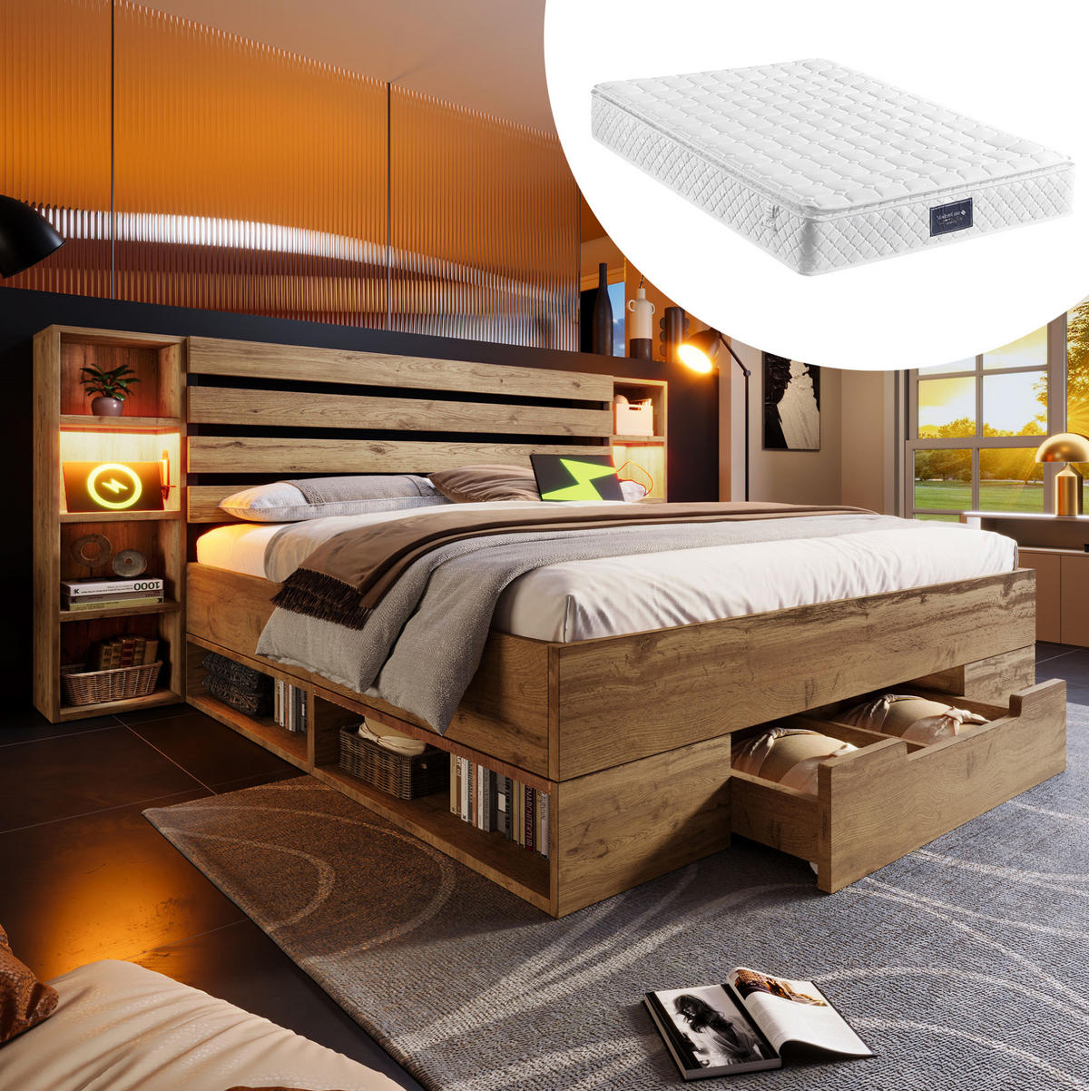 POLSTERBETT 160/200 cm Eiche aus Metall und Holz mit LED und Stauraum - Eichefarben, Metall (160/200cm) - OKMYHOME