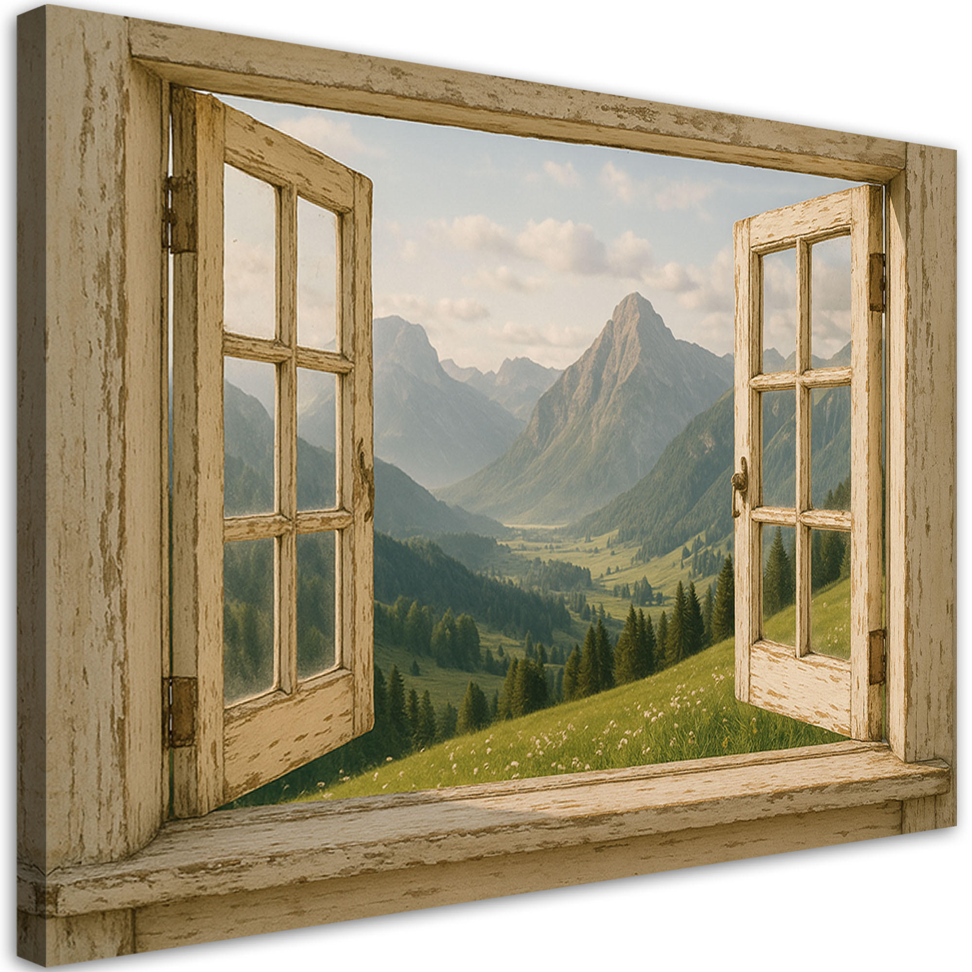 LEINWANDBILD Blick aus dem Fenster auf die Berge Shabby Chic 120x80cm - Beige, Textil (120/80cm) - Feeby
