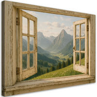 LEINWANDBILD Blick aus dem Fenster auf die Berge Shabby Chic 120x80cm - Beige, Textil (120/80cm) - Feeby