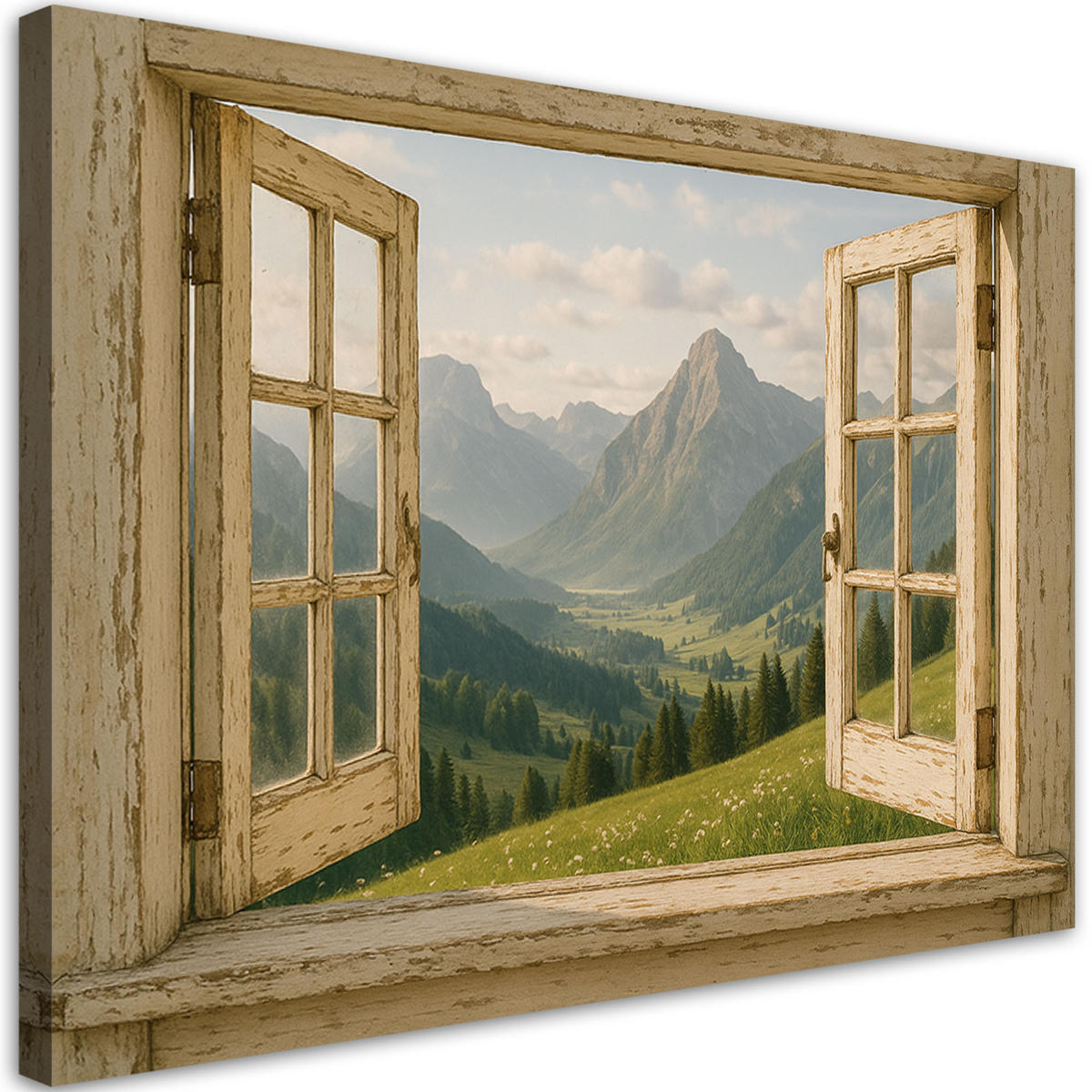 LEINWANDBILD Blick aus dem Fenster auf die Berge Shabby Chic 120x80cm - Beige, Textil (120/80cm) - Feeby