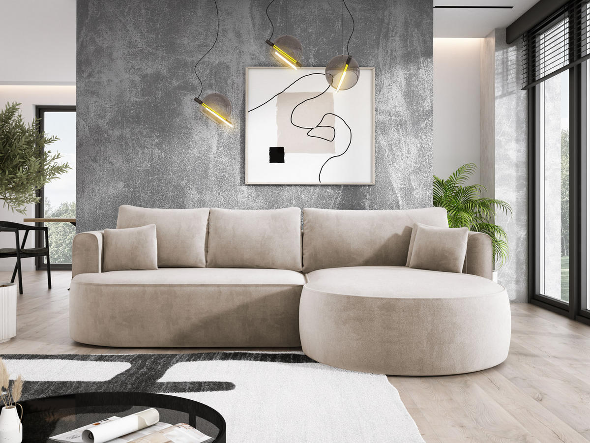 ECKSOFA FIORE L-förm Moderne Ausziehbare Schlaf-Funktion, automatischer Auffaltung, lose Rückenkissen freistehend RECHTS 284x183x82cm Beige - Beige, Holz/Textil (284/183cm) - DomoHome