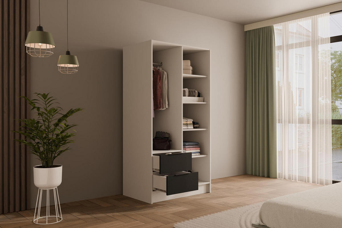 KLEIDERSCHRANK mit Spiegel und Flügeltüren KOLIN 100x200cm Weiß / Schwarz - Schwarz/Weiß, Holzwerkstoff (102/200/51cm) - ALTDECOR