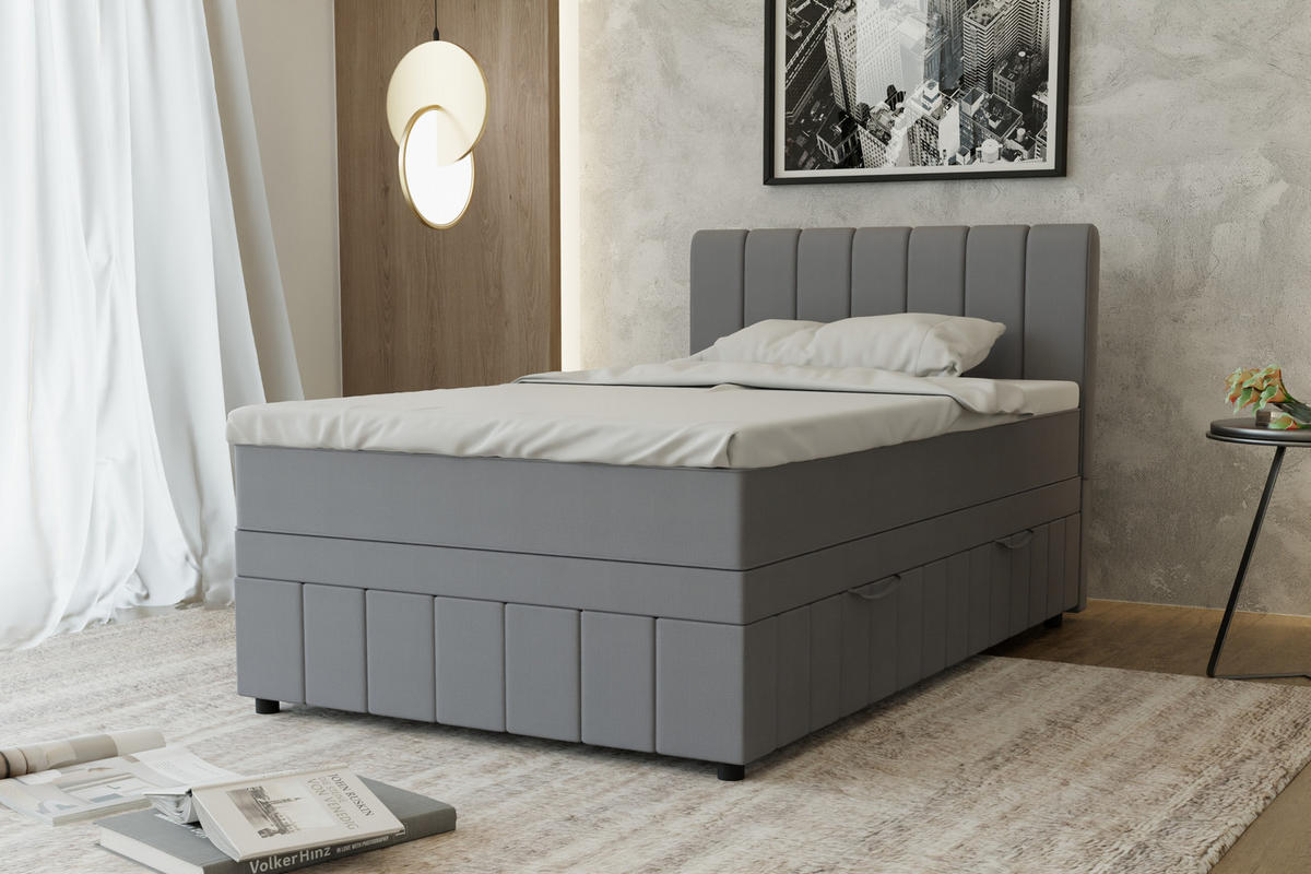 BOXBETT AVALON 120 x 200 cm mit Bettkasten und Topper - Dunkelgrau - Dunkelgrau, Holz - Panda Möbel