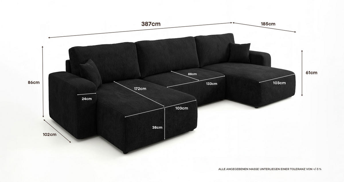 WOHNLANDSCHAFT BERLIN U-Form schwarz Cord Poso 135 - Schlaffunktion, Bettkasten - Schwarz, Textil (385/86/185cm) - Cornero