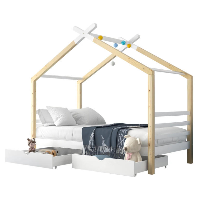 OKWISH DĚTSKÁ postel domeček 90/200 cm bílá z masivu a MDF se zásuvkami a roštem