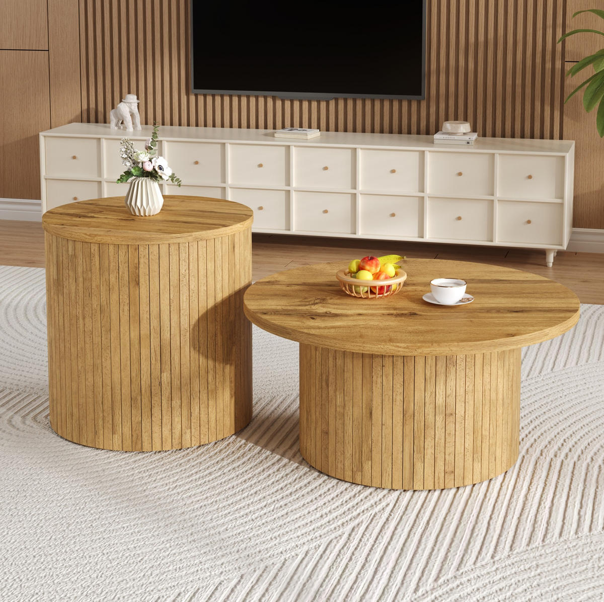 KLUB stolić set 75/75/36 i 50/50/50,5 cm prirodna boja od MDF-a s modularnim okruglim dizajnom - prirodne boje, drvni materijal (75/75/36cm) - OKWISH