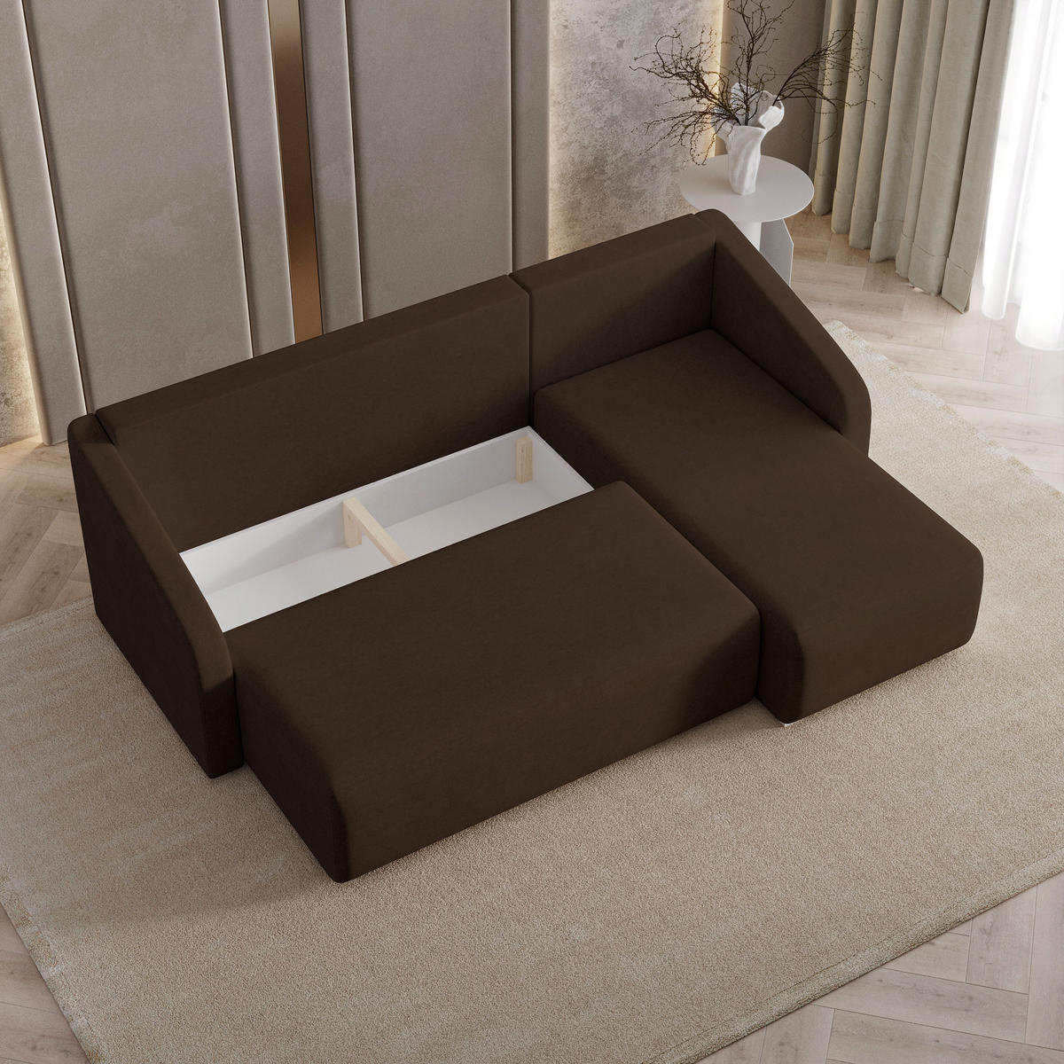 ECKSOFA MARELLO Braun Geflochtener Stoff mit Schlaffunktion - Braun, Holz (220/143cm) - MASSENO