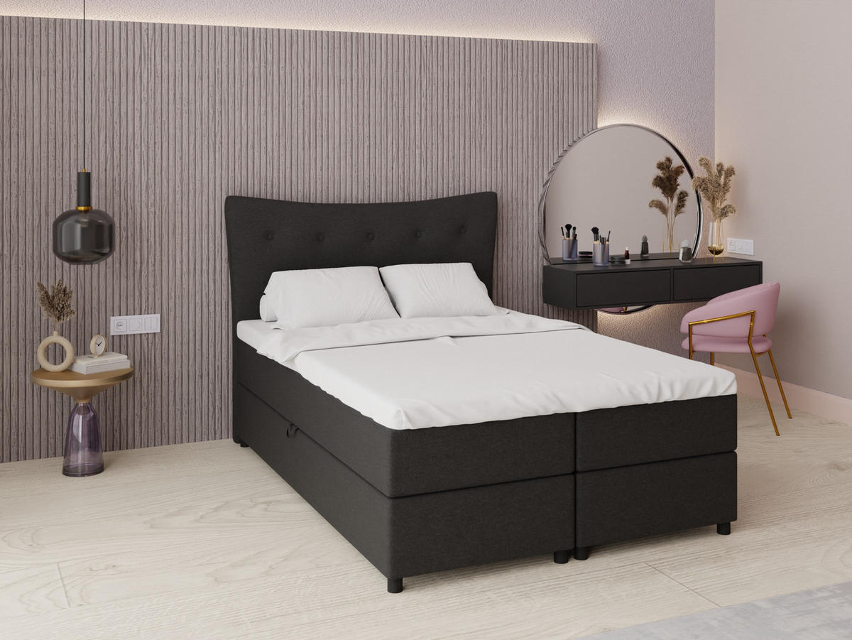 BOXBETT Nevada 140 x 200 cm Doppelbett mit hochwertiger Bonell-Matratze und Topper - schwarz - Schwarz, Holz (140/200cm) - Panda Möbel