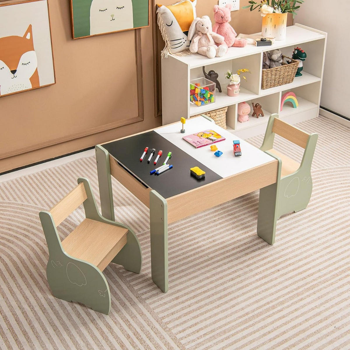 KINDERTISCH mit Stuhl grün(3-tlg) - Grün, Holzwerkstoff (63.5/48/61.5cm) - COSTWAY