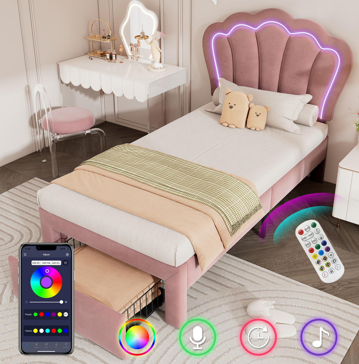 JUGENDBETT 90/190 cm aus Samt mit LED-Beleuchtung, Schublade und höhenverstellbarem Kopfteil Rosa - Rosa, Textil (90/190cm) - Modenvie