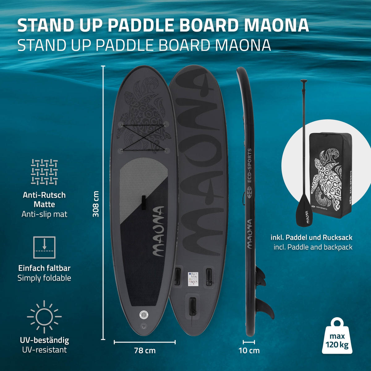 STAND UP PADDLE BOARD Maona Schwarz - Schwarz, Kunststoff (308/78/10cm) - ECD-Germany