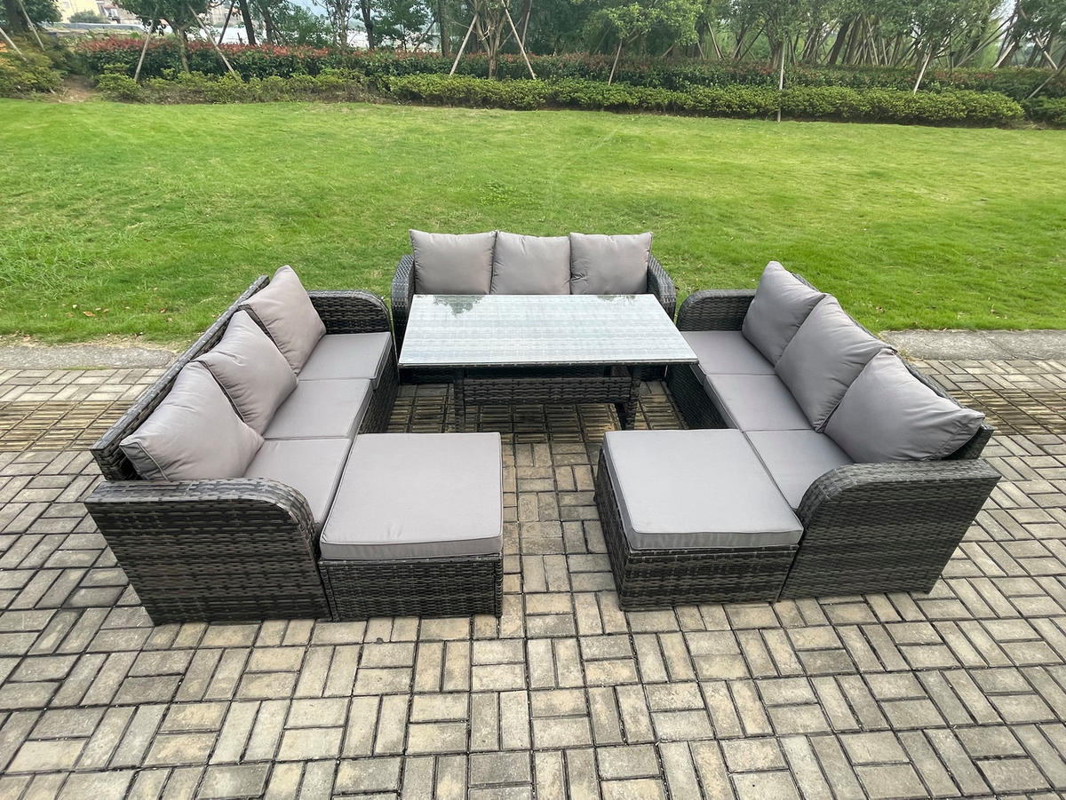 GARTENGARNITUR mit 3-Sitzer Sofa,2 Hockern Polyrattan Dunkelgrau 11-Sitzer - Dunkelgrau/Grau, Glas/Kunststoff - Fimous
