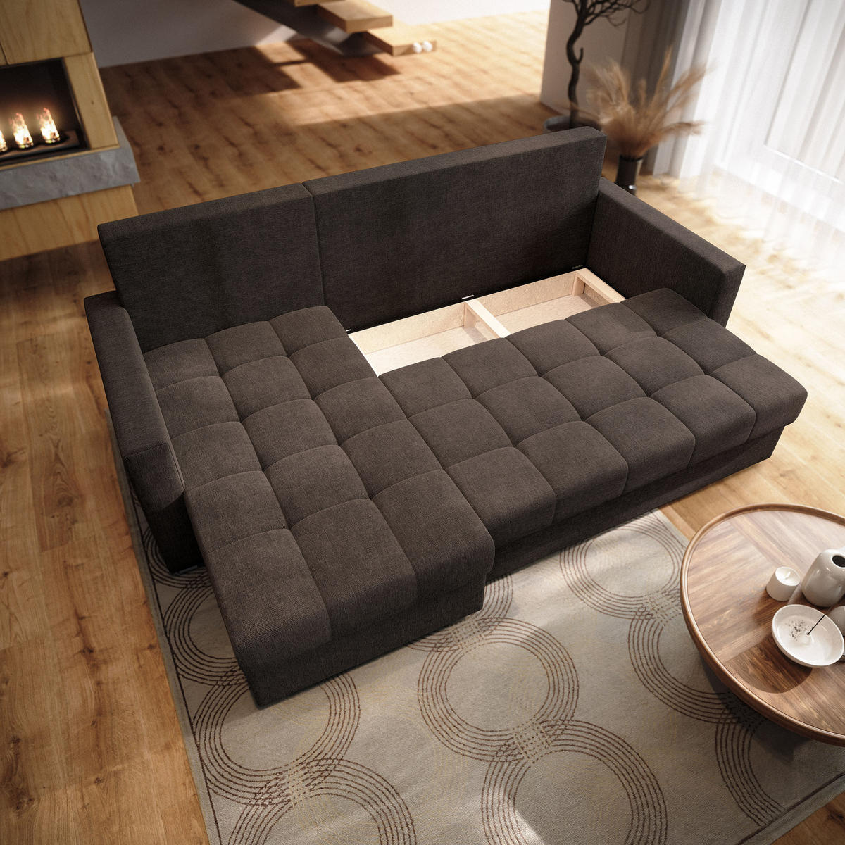 ECKSOFA NIDA Braun Geflochtener Stoff mit Schlaffunktion - Braun, Holz (220/143cm) - MASSENO