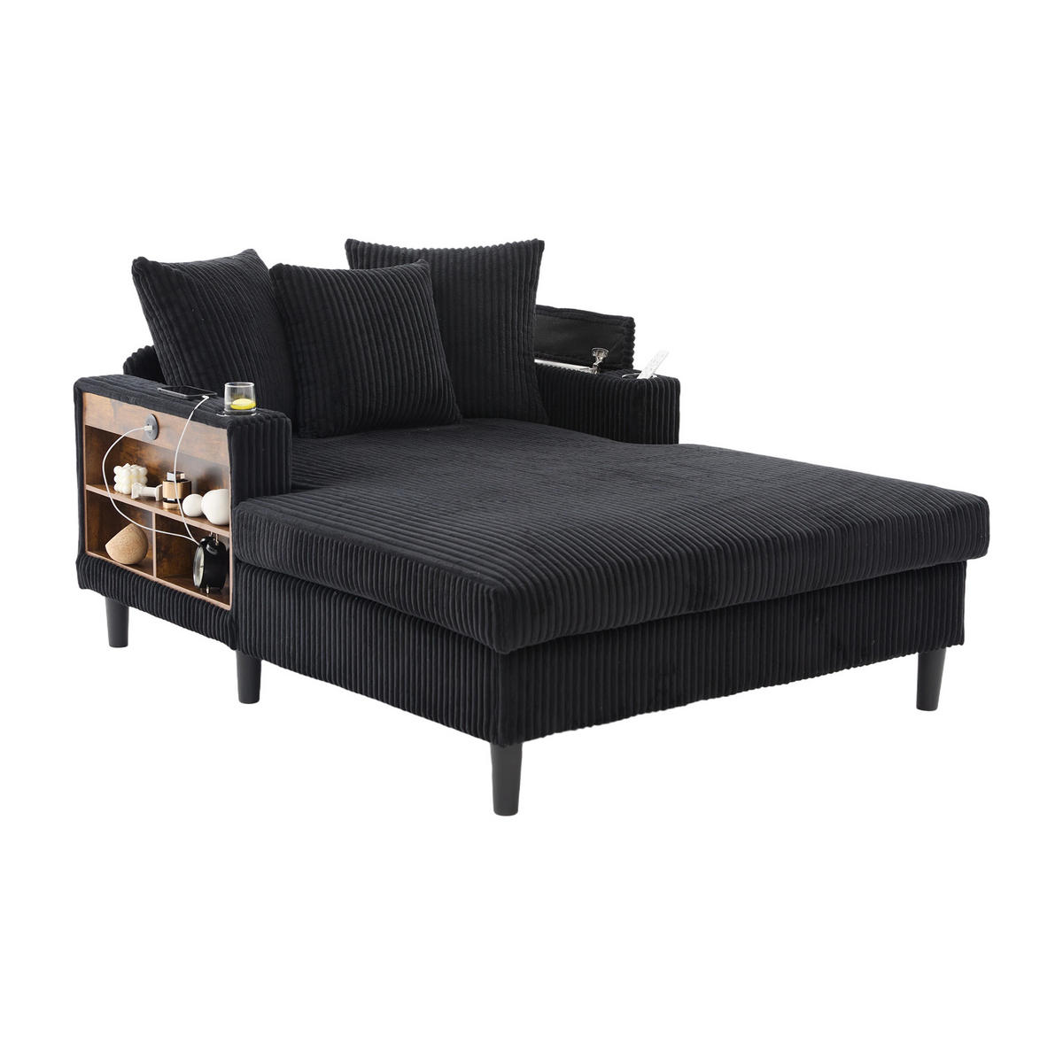 CHAISELONGUE 129/170/70 cm mit LED-Beleuchtung, USB-Anschluss, Becherhaltern und Stauraum, Schwarz - Schwarz, Textil (170/70/129cm) - Redom