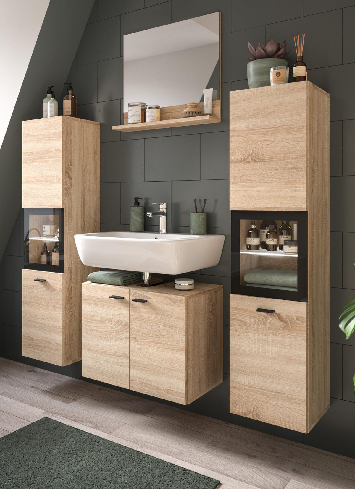 BADMÖBEL-SET Eiche 4-teilig 140 cm, Komplettset hängend oder stehend - Eichefarben/Schwarz, Glas/Holzwerkstoff (137/186/33cm) - Inn.Furn