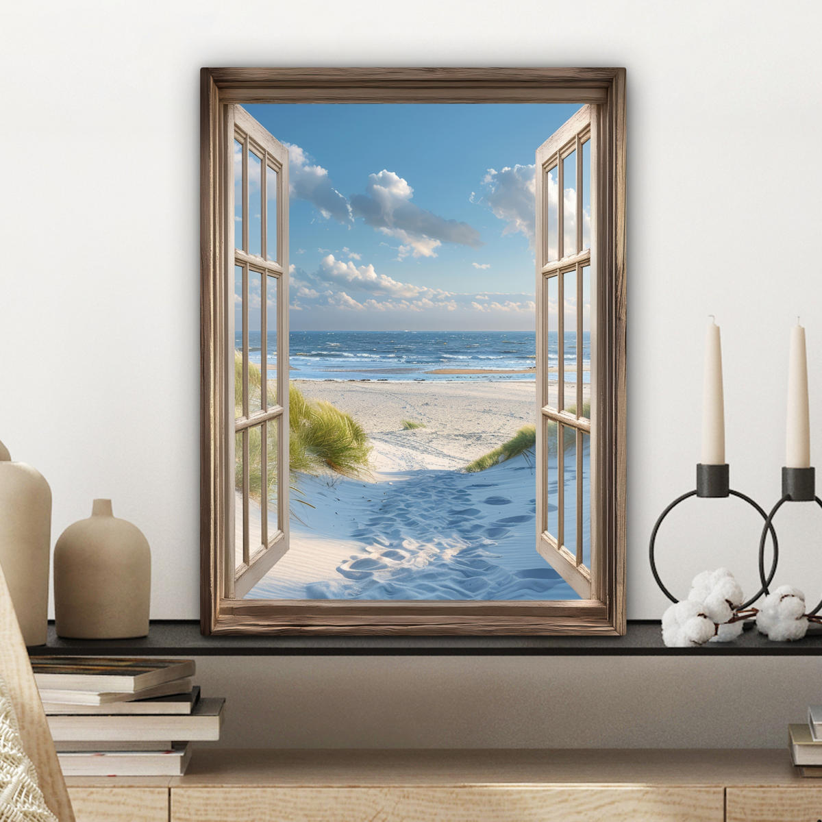 LEINWANDBILD Aussicht - Strand - Fenster - Dünen - Meer 30x40 cm - Hellblau, Textil (30/40cm) - MuchoWow