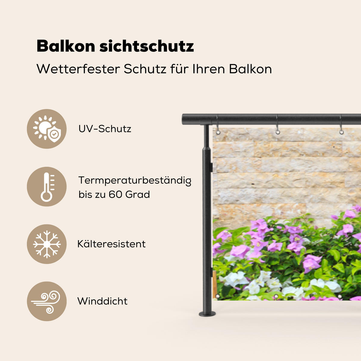 BALKON-SICHTSCHUTZ Blumen - Pflanzen - Blätter - Steine - Pink, Kunststoff (500/80cm) - MuchoWow