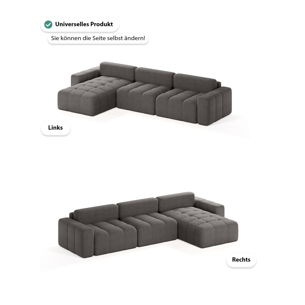 ECKSOFA Bouclé-Stoff 8 Sitzer Bornum So, Grau - Grau, Textil (346/170cm) - Meblito