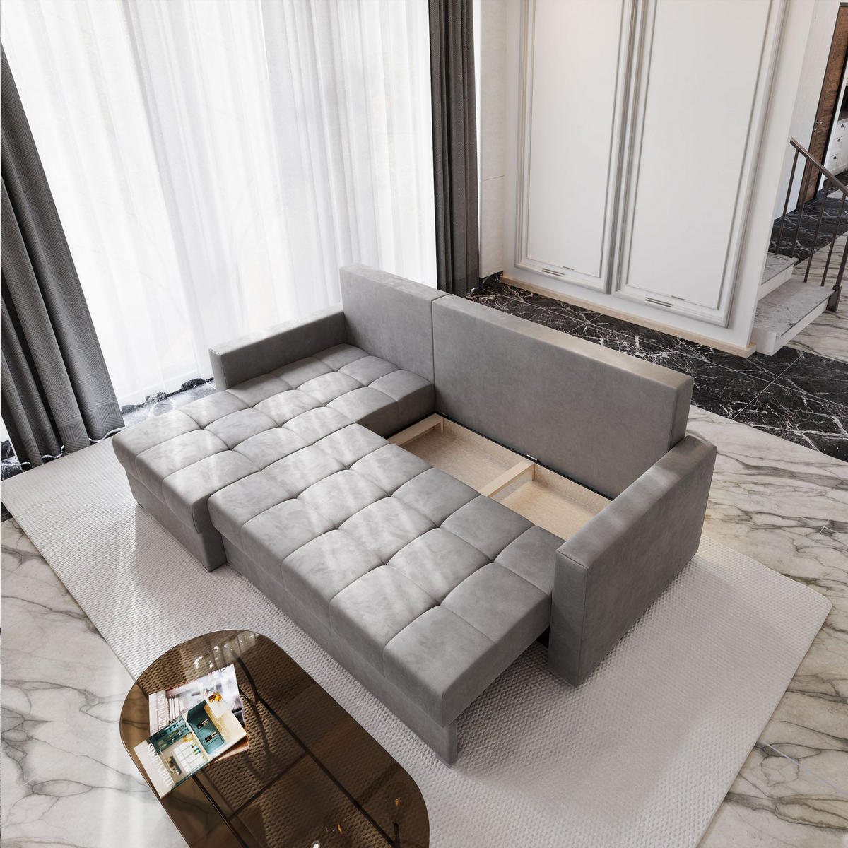 ECKSOFA KOS PIK M Grau Velours-Stoff mit Schlaffunktion - Grau, Holz (220/140cm) - MASSENO