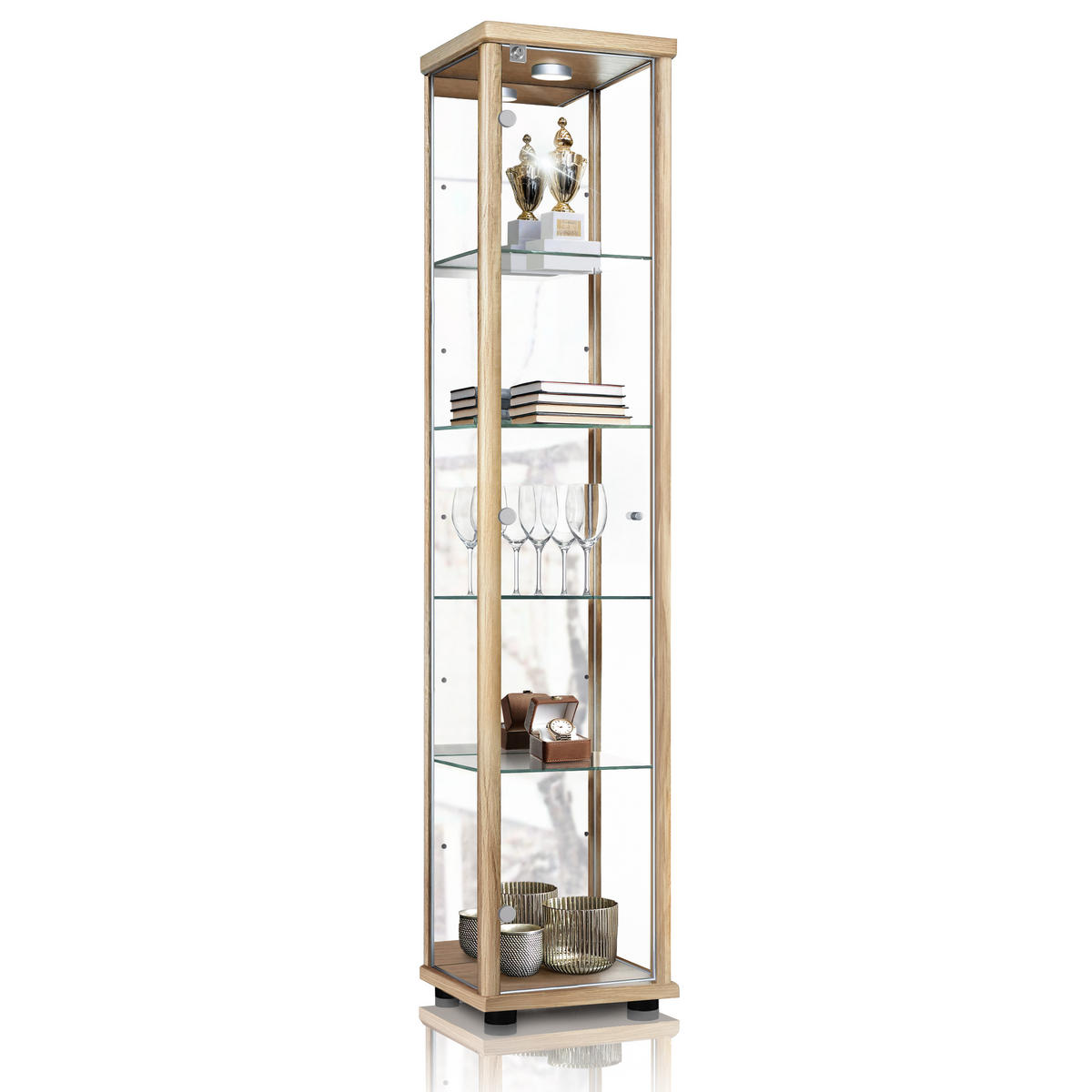 GLASVITRINE 33/37/176 cm mit Spiegel, LED, Schloss & 4 höhenverstellbaren Glasböden - Transparent/Silberfarben, Glas/Holzwerkstoff (37/176/33cm) - K-Möbel