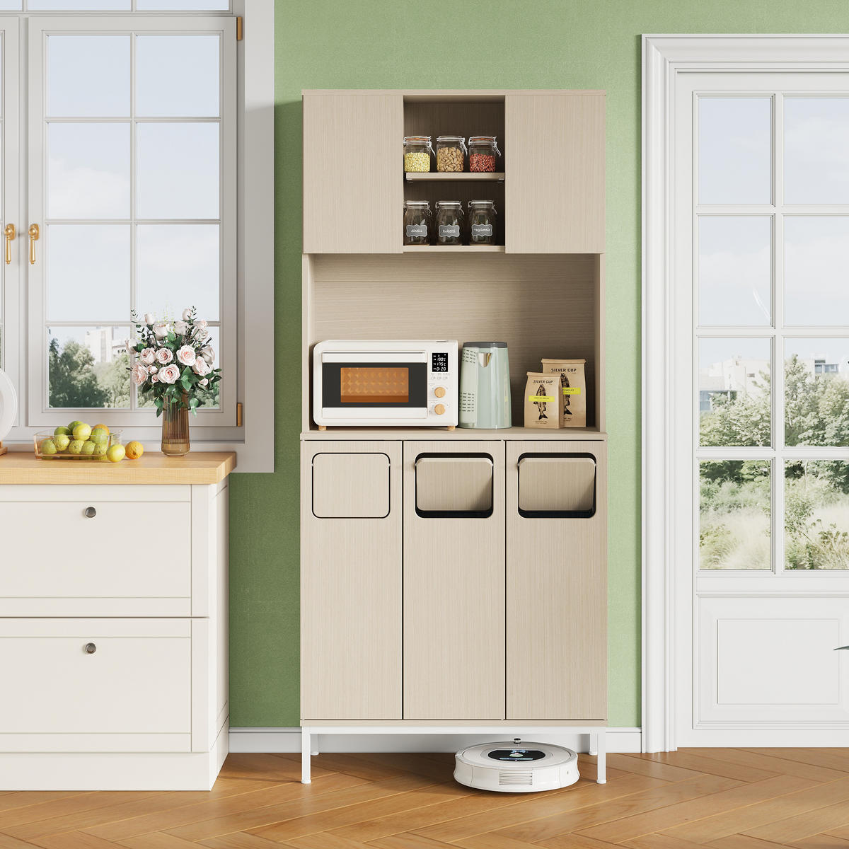 BUFFET 80/35/181 cm Weiß aus MDF mit Mikrowellenfach - Weiß, Holzwerkstoff (80/181/35cm) - OKWISH