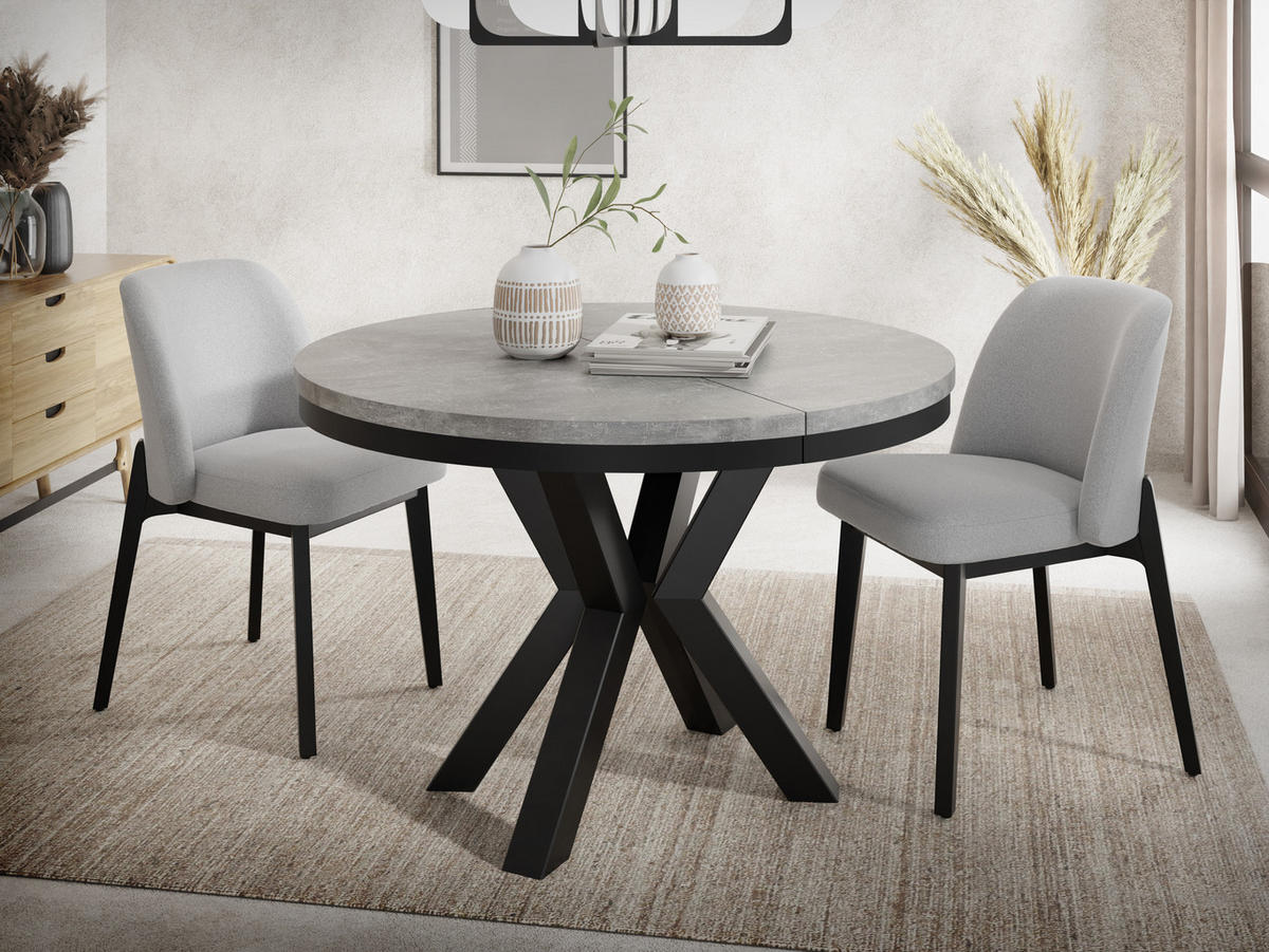 ESSTISCH Clara runder ausziehbarer, Grauer Beton 120-200/120/76 cm - Hellgrau/Schwarz, Holzwerkstoff/Metall (120/120/76cm) - WFL GROUP