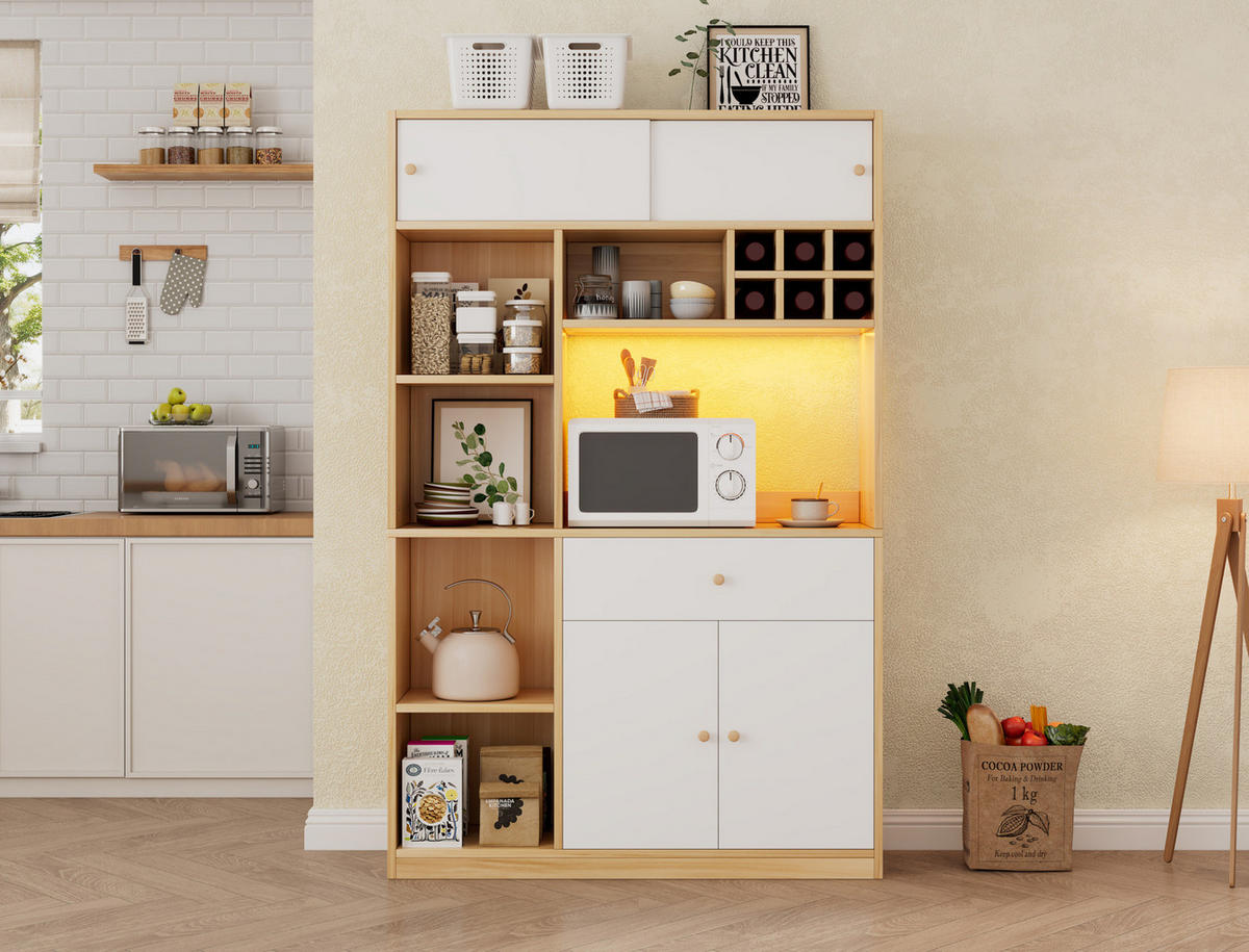 HIGHBOARD 115/35/180 cm, mit einstellbarer LED-Beleuchtung und viel Stauraum, Weiß/Natural - Naturfarben, Holzwerkstoff (115/180/35cm) - Redom