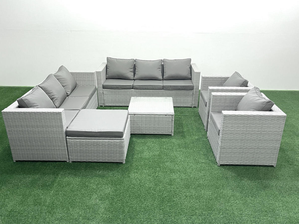 GARTENMÖBEL-SET mit Kissen Polyrattan Hellgrau-Mix 9-Sitzer - Hellgrau/Grau, Glas/Kunststoff - Fimous