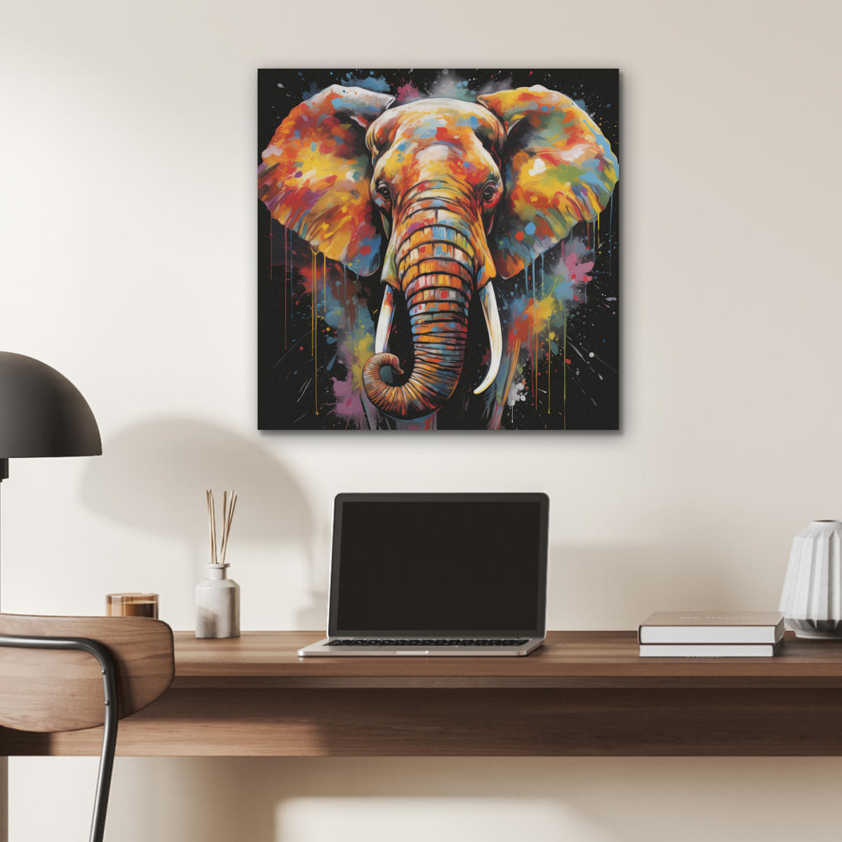 AKUSTIKBILD Elefant - Graffiti - Schwarz - Tiere - Farben Wandbilder 60x60 cm - Schwarz, Kunststoff (60/60/0.9cm) - MuchoWow