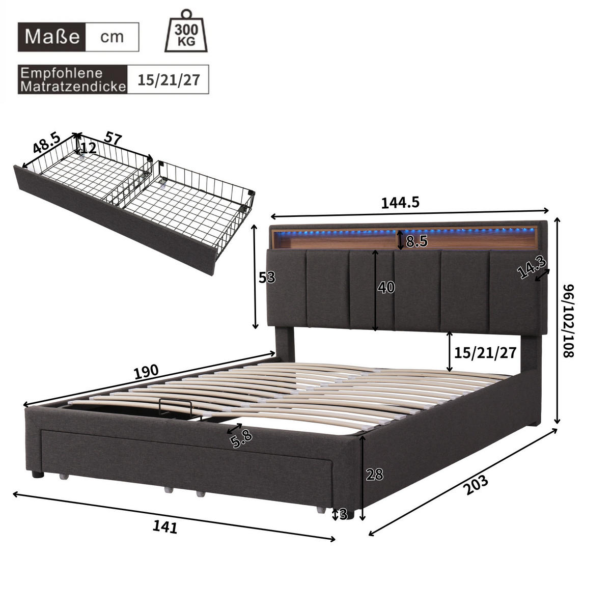 POLSTERBETT 140/190 cm Grau mit LED-Beleuchtung und Stauraum - Grau, Metall (140/200cm) - OKWISH