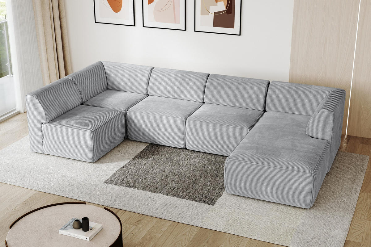 WOHNLANDSCHAFT Ottomane Rechts MOVA 345x180x78 Grau Cord - Schwarz/Alufarben, Holzwerkstoff/Kunststoff (345/78/180cm) - ALTDECOR