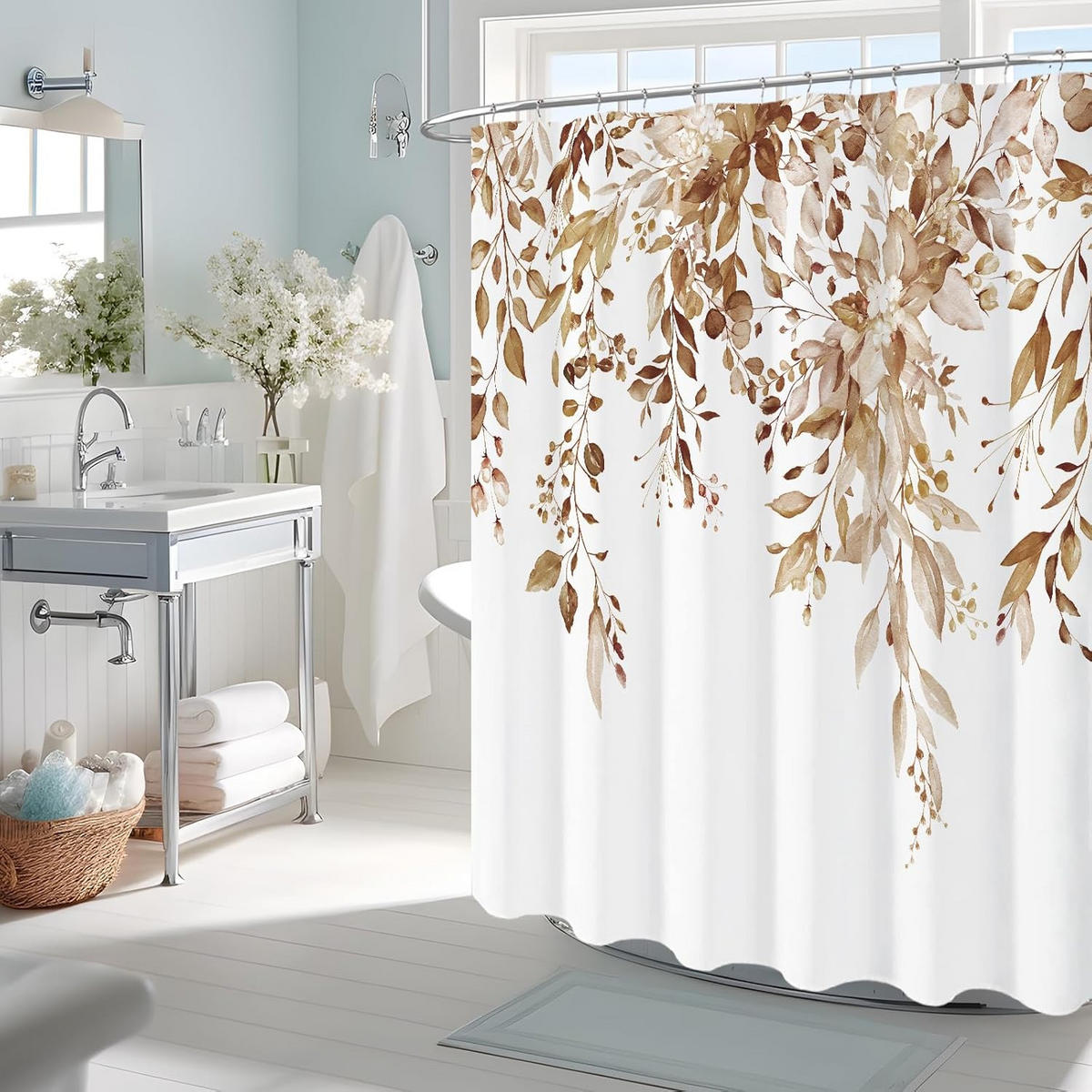 DUSCHVORHANG Braun Aquarell Blätter Blumen Pflanzen Muster wasserdicht Dekoration Badezimmer mit Haken - Braun, Textil (200/180cm) - MCBOSON
