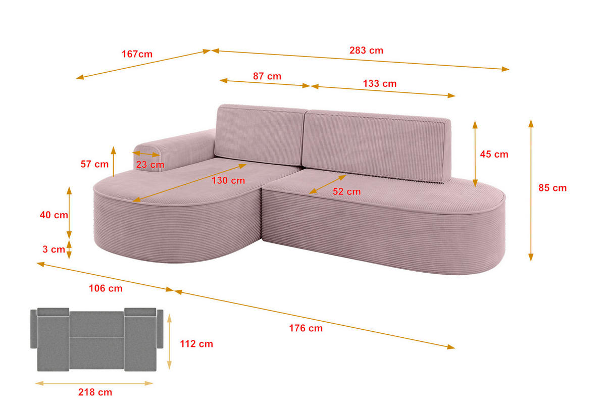 ECKSOFA mit Schlaffunktion und Bettkasten Ottomane Rechts MARI-L1-S - 283x167x85 cm Dunkelgrau Cord - Alufarben/Schwarz, Holzwerkstoff/Kunststoff (167/283cm) - ALTDECOR