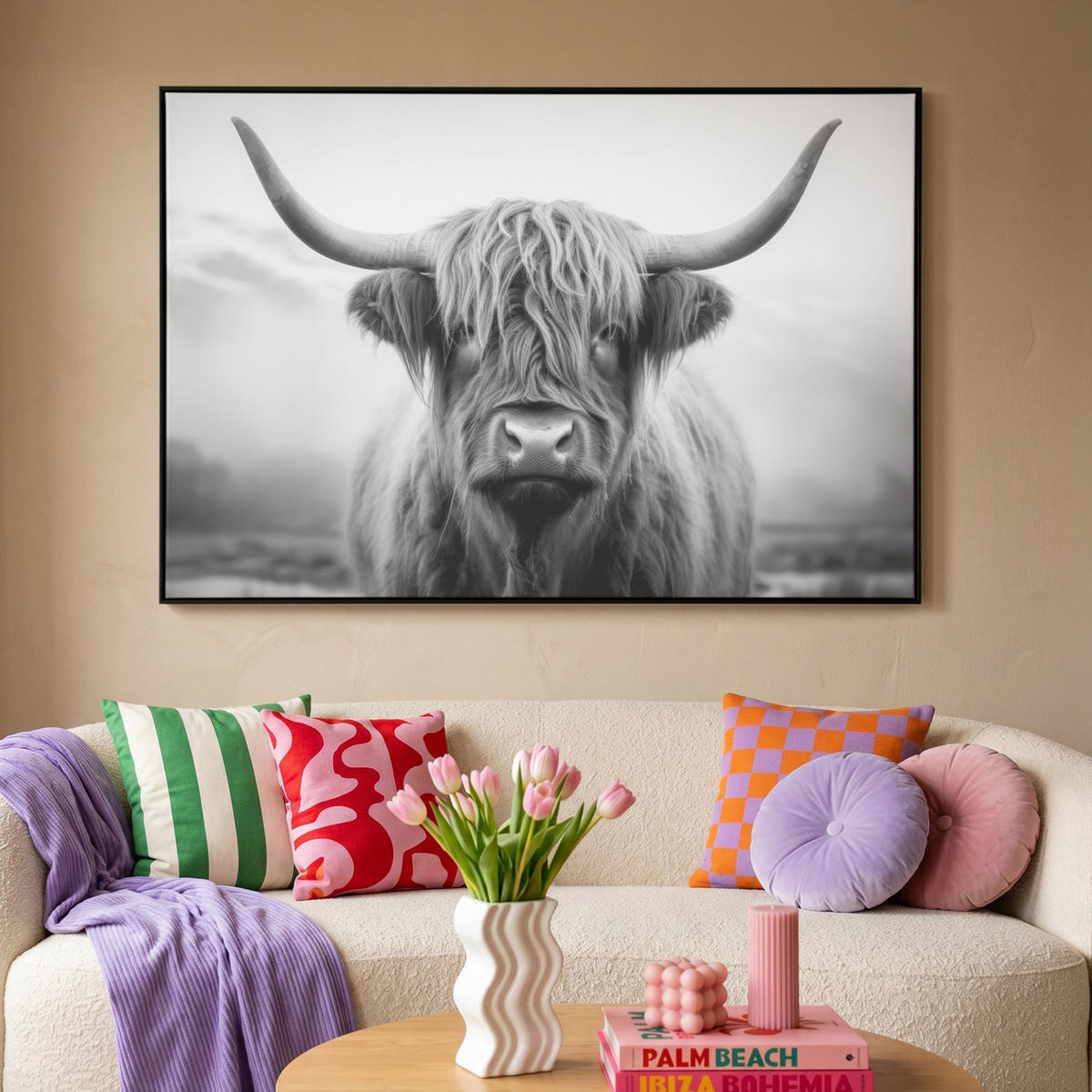 LEINWAND Bilder mit Rahmen - Schottischer Highlander - Nebel - Schwarz - Weiß - 150x100 - Grau, Textil (150/100cm) - MuchoWow