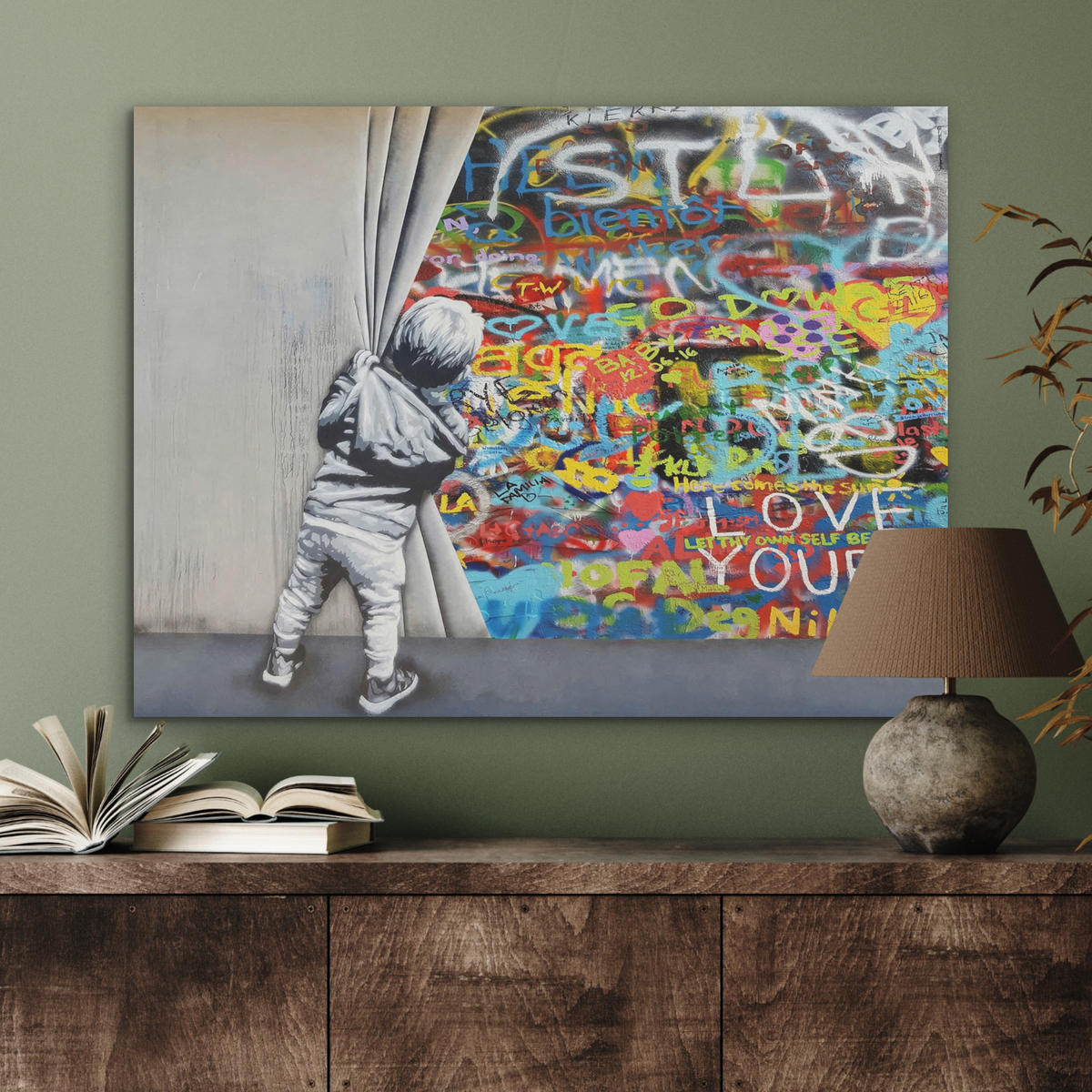 AKUSTIKBILD Graffiti - Junge - Ilussie - Straßenkunst Gemälde 80x60 cm - Hellgrau, Textil (80/60/0.9cm) - MuchoWow