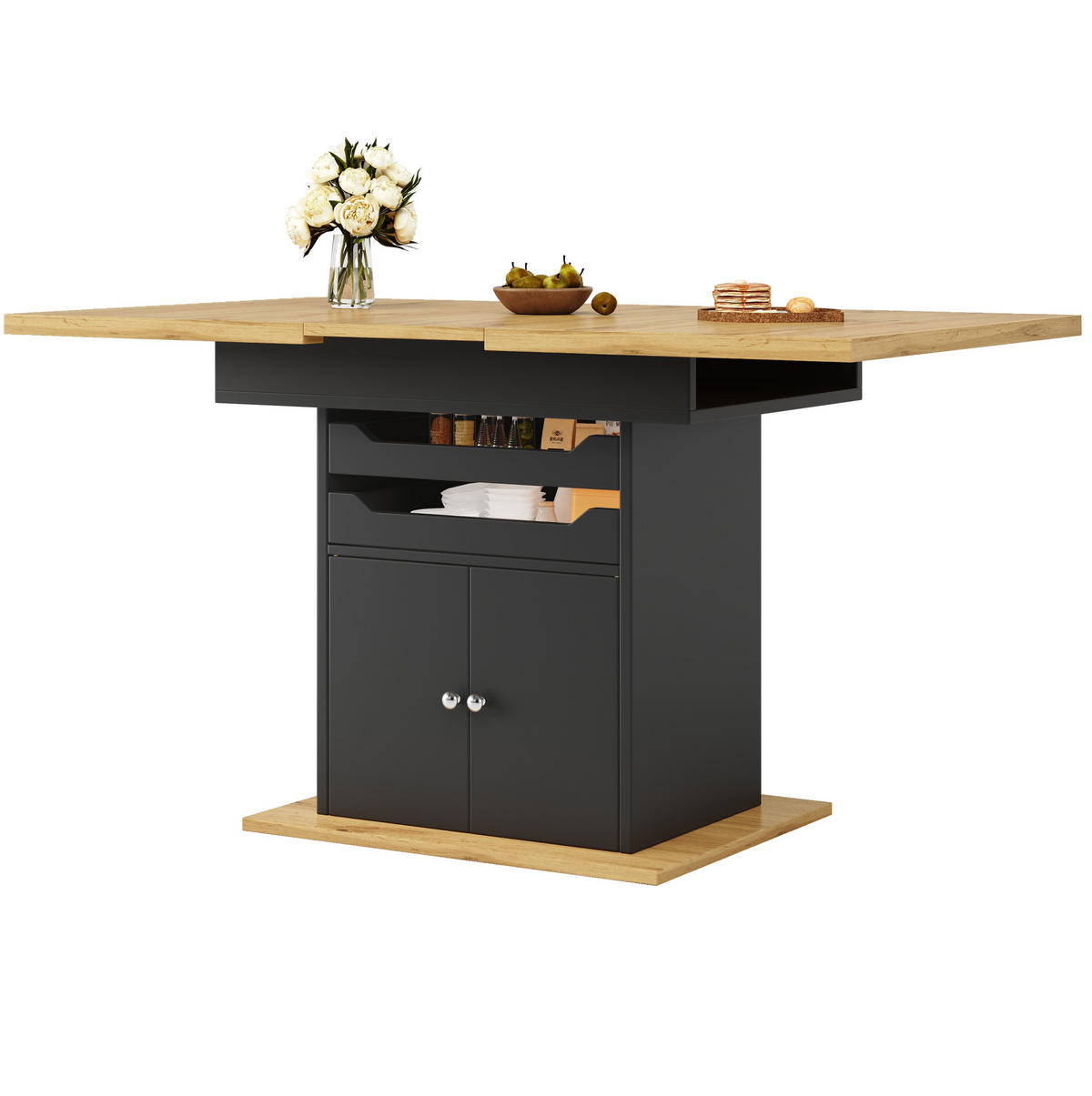 ESSTISCH 110-140x80x76 cm in Schwarz und Natur aus MDF mit Soft-Close ausziehbar - Naturfarben, Holzwerkstoff (80/140/76cm) - Modfu