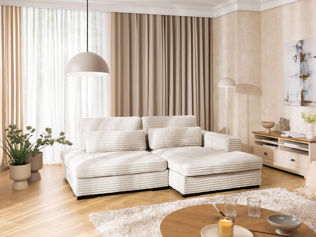 ECKSOFA Wolke mit tiefer Sitzfläche, Schlaffunktion und praktischem Bettkasten aus weichem Creme Cordstoff - Creme/Schwarz, Holz/Kunststoff (225/162cm) - S-Style