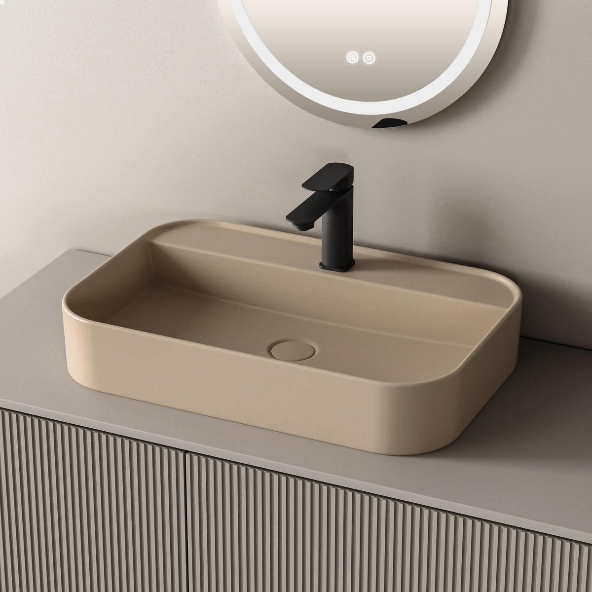 WASCHBECKEN Rechteck Abgerundete Ecken R Mattbeige 40/60/11 cm - Beige, Keramik (40/11/60cm) - EMKE