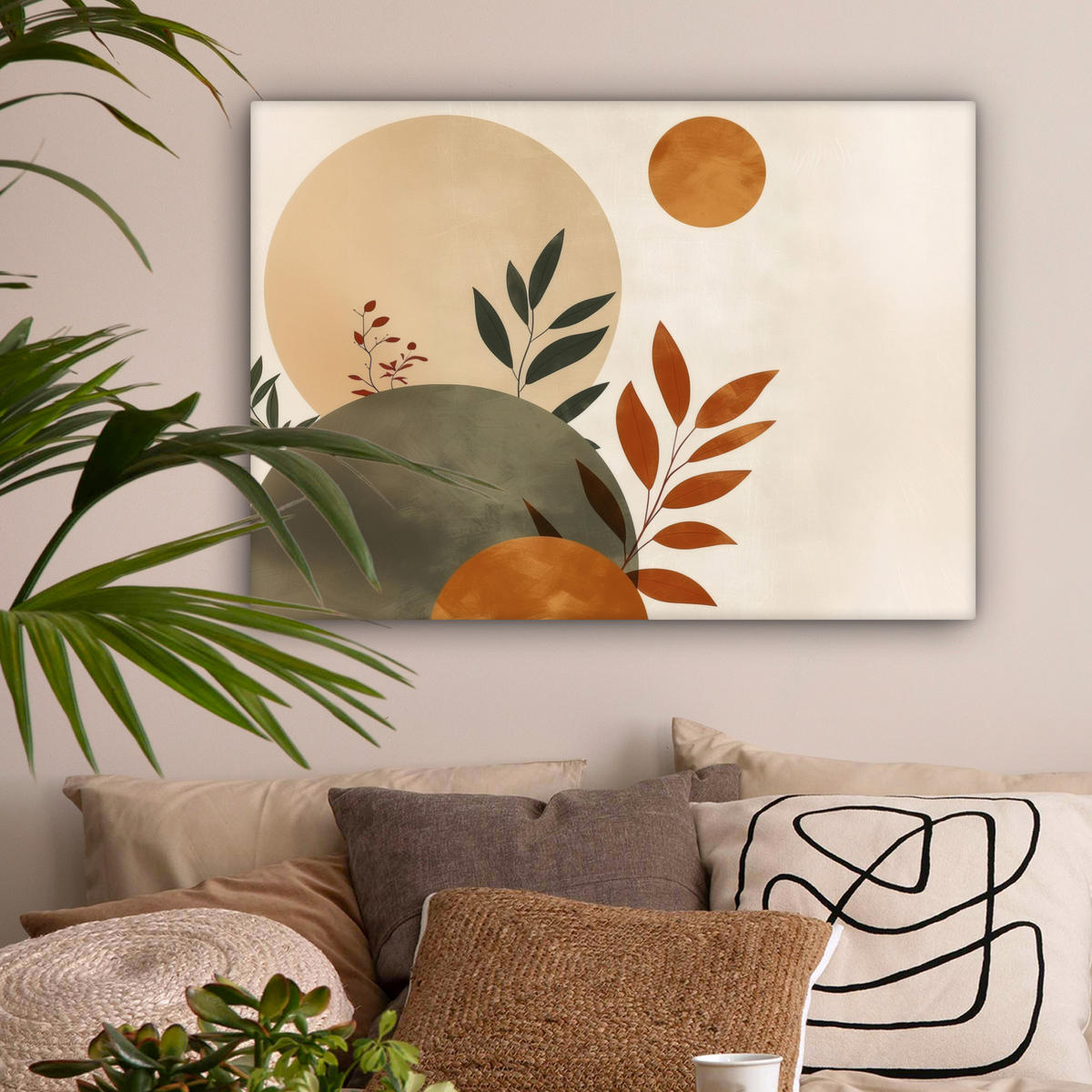 LEINWANDBILD Formen - Rund - Blätter - Beige Wandbilder 80x60 cm - Rostfarben, Textil (80/60cm) - MuchoWow