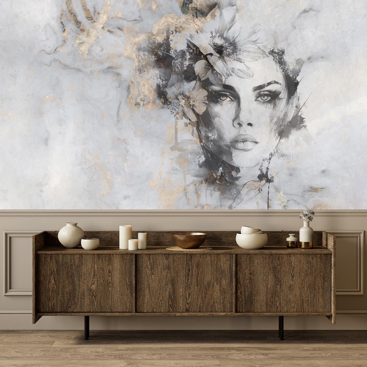 FOTOTAPETE für Wohnzimmer Frau Porträt Beton Blumen Modern 200x140 - Beige/Schwarz, Papier (200/140cm) - Muralo