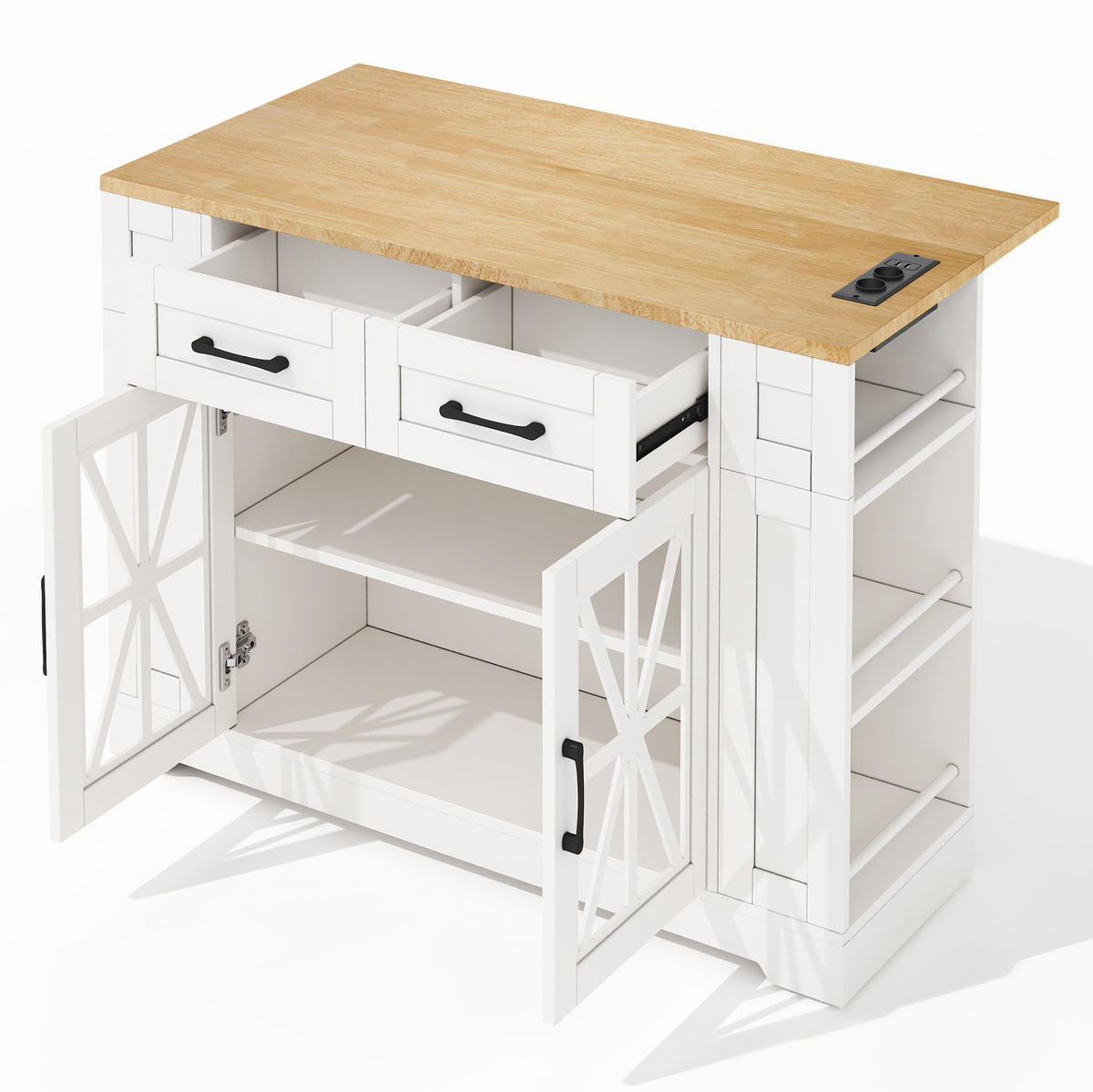 KÜCHENINSEL 120/40(65)/92 cm mit Klapptisch, 2 AC- und 2 USB-Anschlüssen, Glastüren und Rollen, Weiß/Natur - Weiß, Holzwerkstoff (120/92/65cm) - Redom